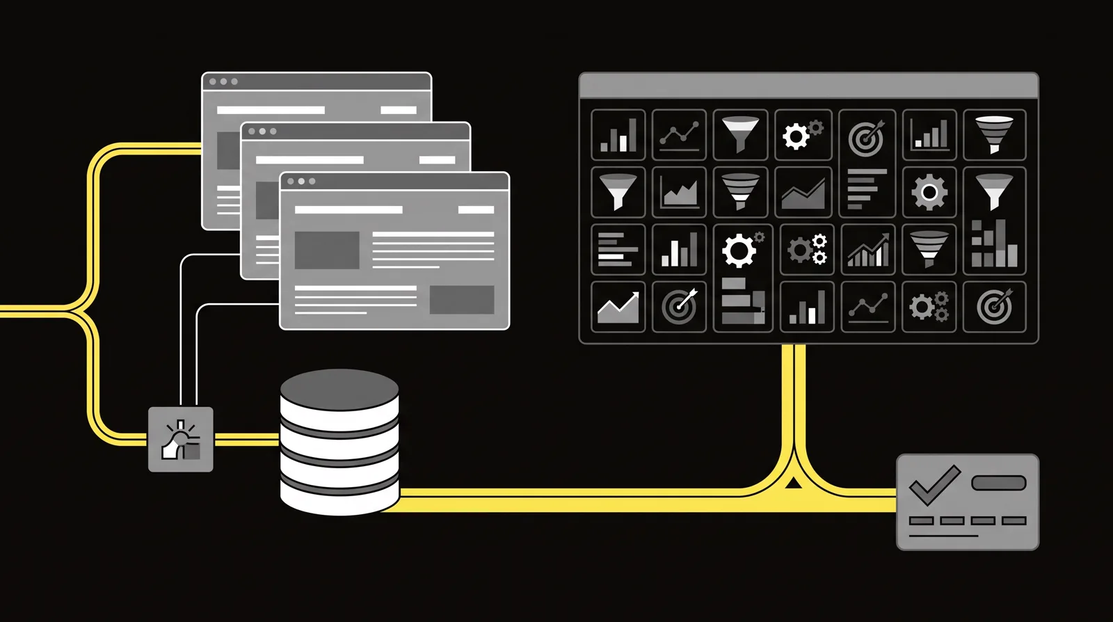 A modular WordPress checkout stack on the left faces a hosted suite of many marketing tools on the right, with a paid-traffic route running below both.