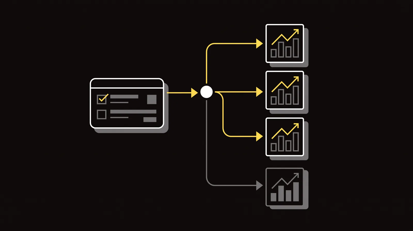 A checkout card on the left routing one payment stream through a splitter out to several separate merchant-account tiles on the right, with one set apart as a fallback.