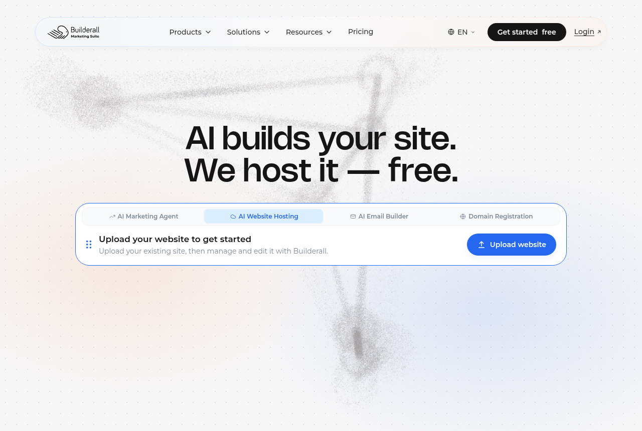 The Builderall homepage, promoting its bundled platform of website, email, checkout and marketing tools with an option to upload an existing site.