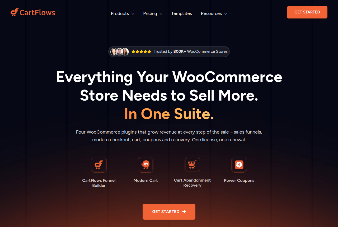 The CartFlows homepage, headlined 'Everything Your WooCommerce Store Needs to Sell More. In One Suite.', with a note that it is trusted by 800K+ WooCommerce stores.