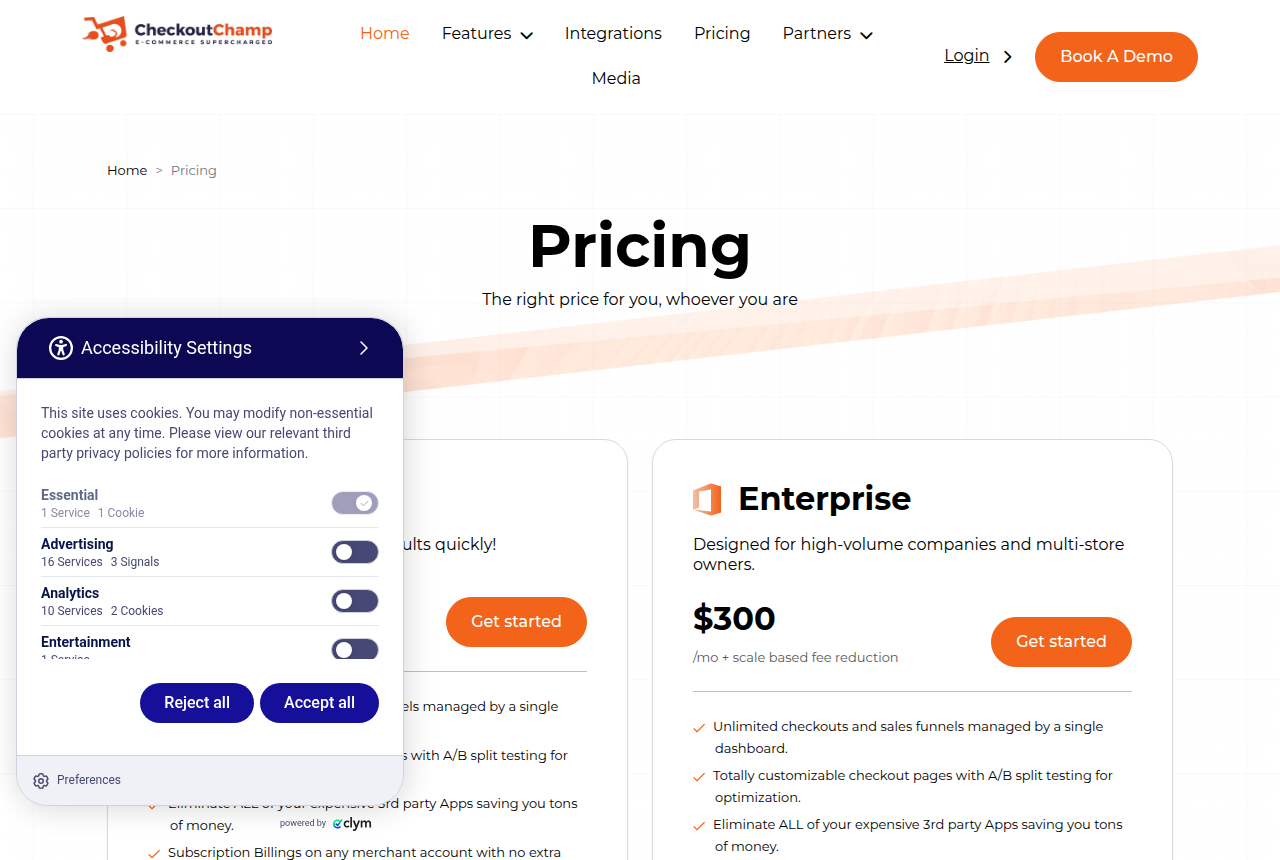 The Checkout Champ pricing page, showing the Enterprise plan at $300 a month plus a scale-based fee reduction, with the site header and navigation above it.