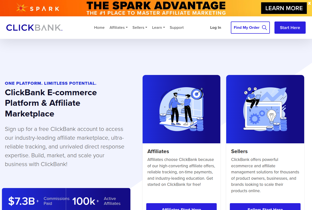 The ClickBank homepage headed 'ClickBank E-commerce Platform & Affiliate Marketplace', with Affiliates and Sellers start buttons and a $7.3B commissions-paid figure.