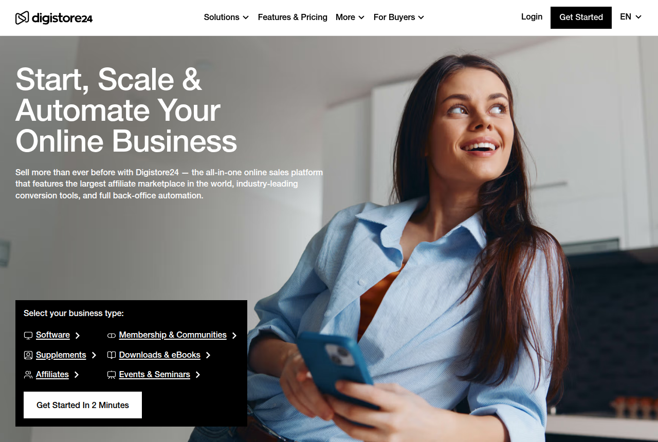 The Digistore24 homepage headed 'Start, Scale & Automate Your Online Business', with a business-type selector for Software, Supplements, Affiliates and more, and a Get Started In 2 Minutes button.
