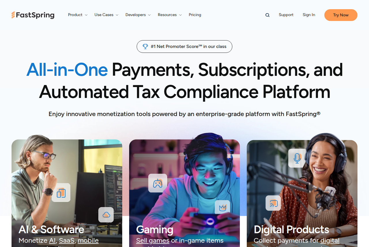 The FastSpring homepage, headlined on global payments, subscriptions and tax compliance for software companies, with Try Now and Schedule Demo buttons.
