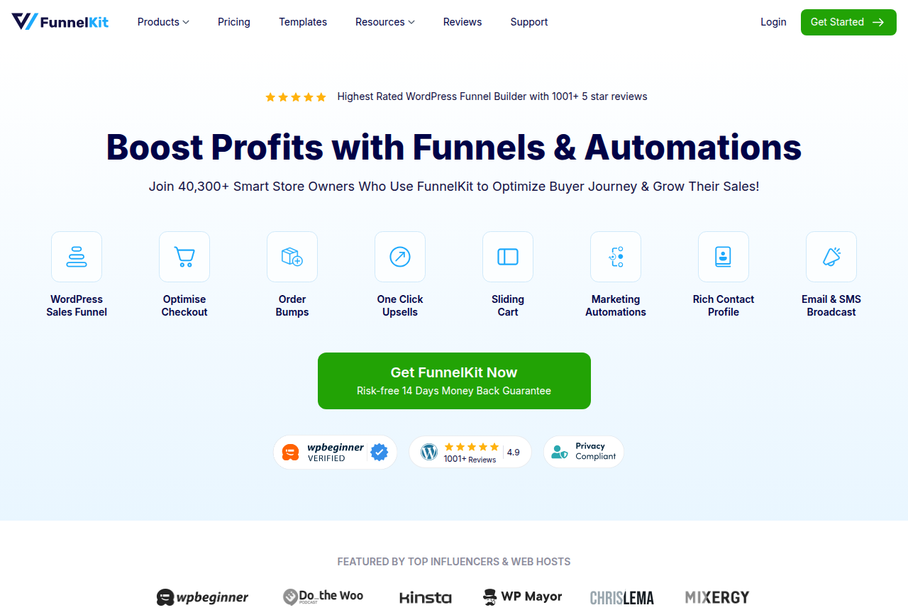 The FunnelKit homepage, headlined 'Boost Profits with Funnels & Automations', noting it is used by 40,300+ store owners and has 1001+ five-star reviews on WordPress.org.