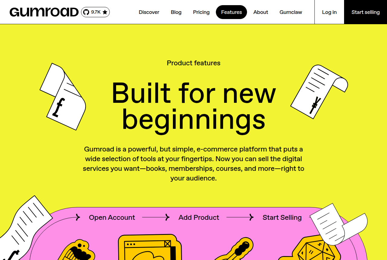 The Gumroad website header and its features page hero, headed 'Built for new beginnings'.