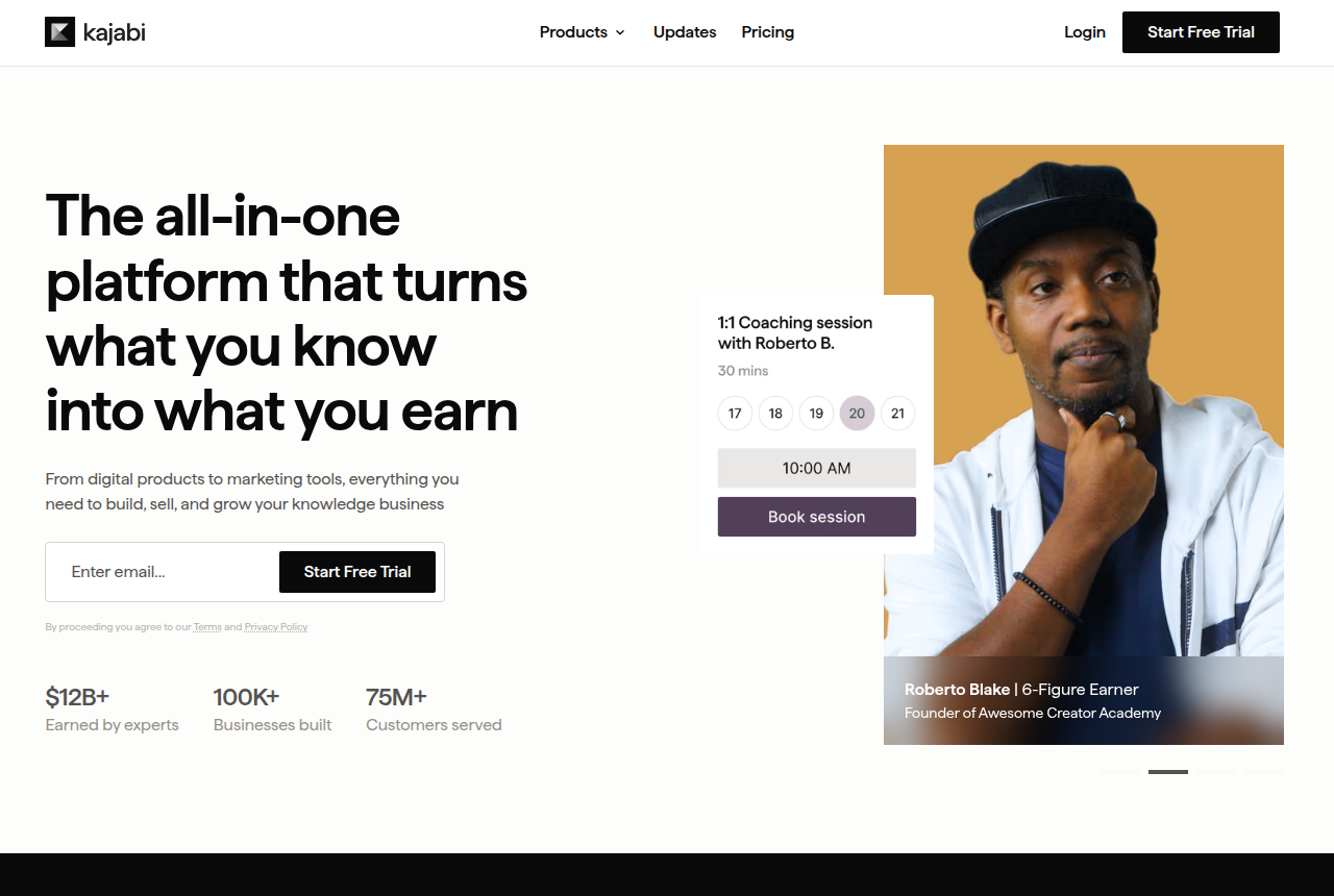The Kajabi homepage, headlined about turning what you know into what you earn, with Get Started and free-trial buttons.