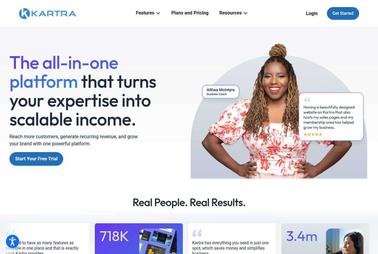 The Kartra homepage headline about turning your expertise into scalable income, with Start Your Free Trial and Watch Demo buttons.