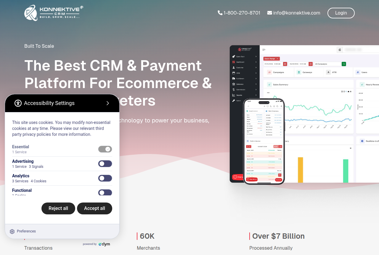 The Konnektive CRM homepage, headlined 'The Best CRM & Payment Platform For Ecommerce & Affiliate Marketers', with a Schedule A Call button and 200M+ transactions, 60K merchants and over $7 billion processed figures.