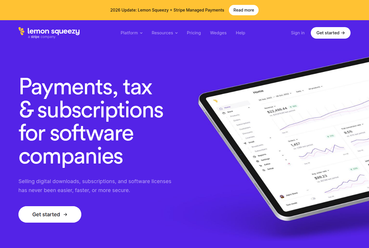 The Lemon Squeezy homepage: its 'Payments, tax and subscriptions for software companies' headline, the 'a Stripe company' logo, and a product dashboard showing revenue and subscription metrics.