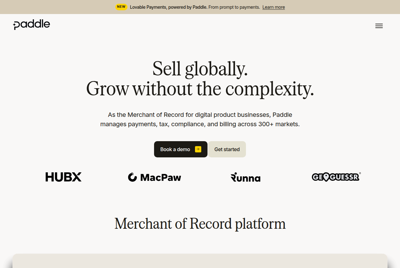 The Paddle homepage headline about selling globally and growing without the complexity, with Get started and Book a demo buttons.
