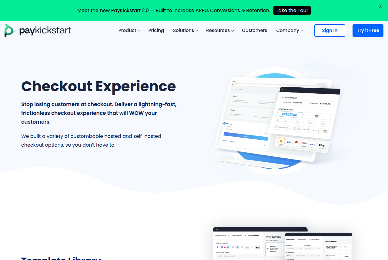 PayKickstart's checkout experience page, showing its logo, navigation and hosted checkout page mockups with card and wallet payment options.