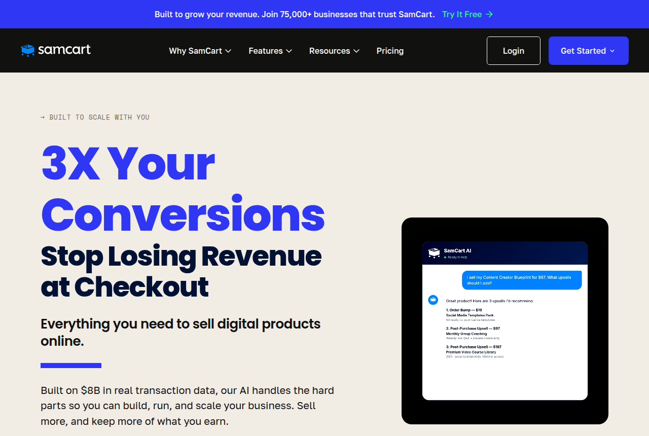 The SamCart homepage, showing its checkout-first platform for digital sellers.