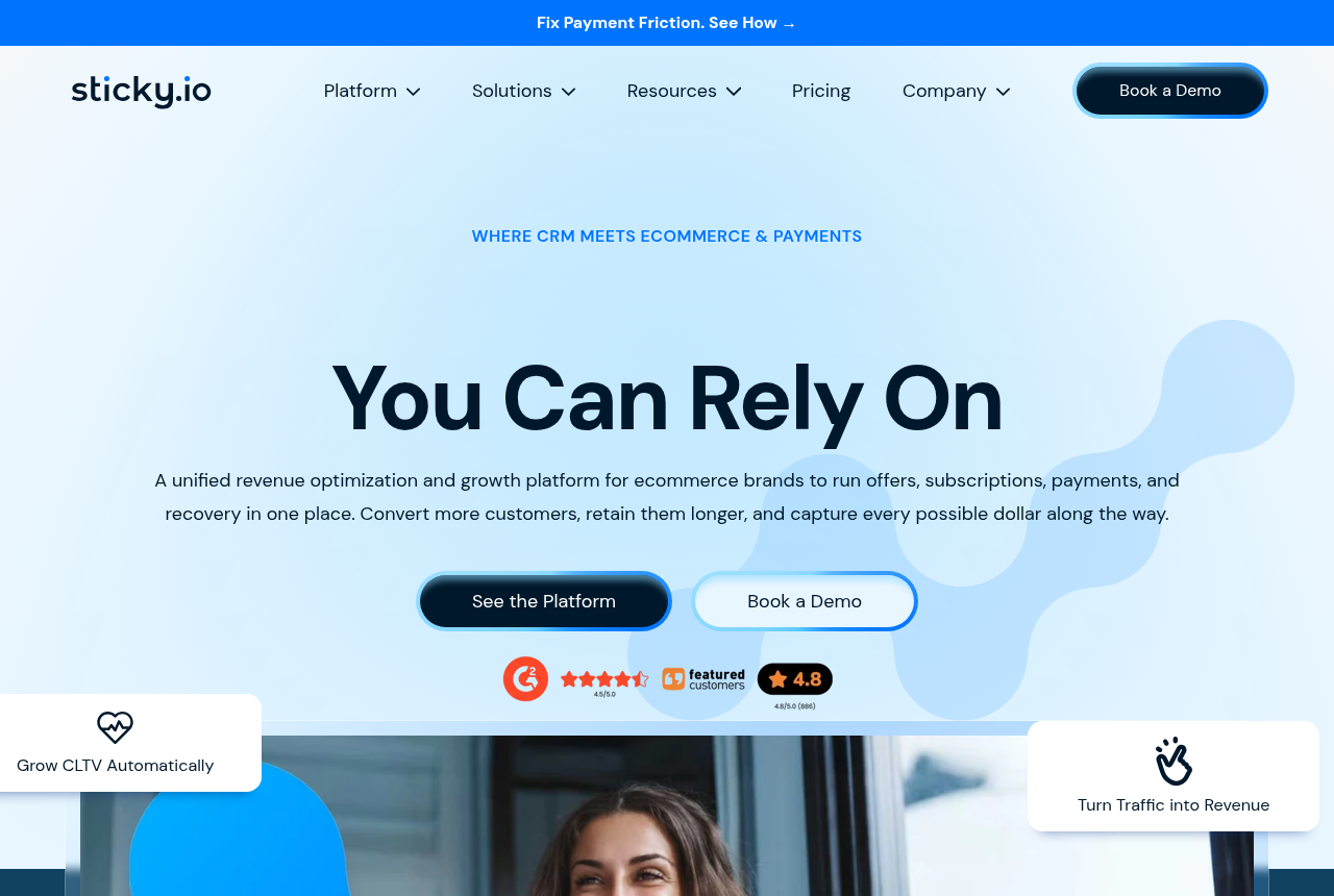 The Sticky.io homepage, headlined 'Revenue, Conversions, Payments You Can Rely On', describing a unified platform to run offers, subscriptions, payments and recovery, with a Book a Demo button.