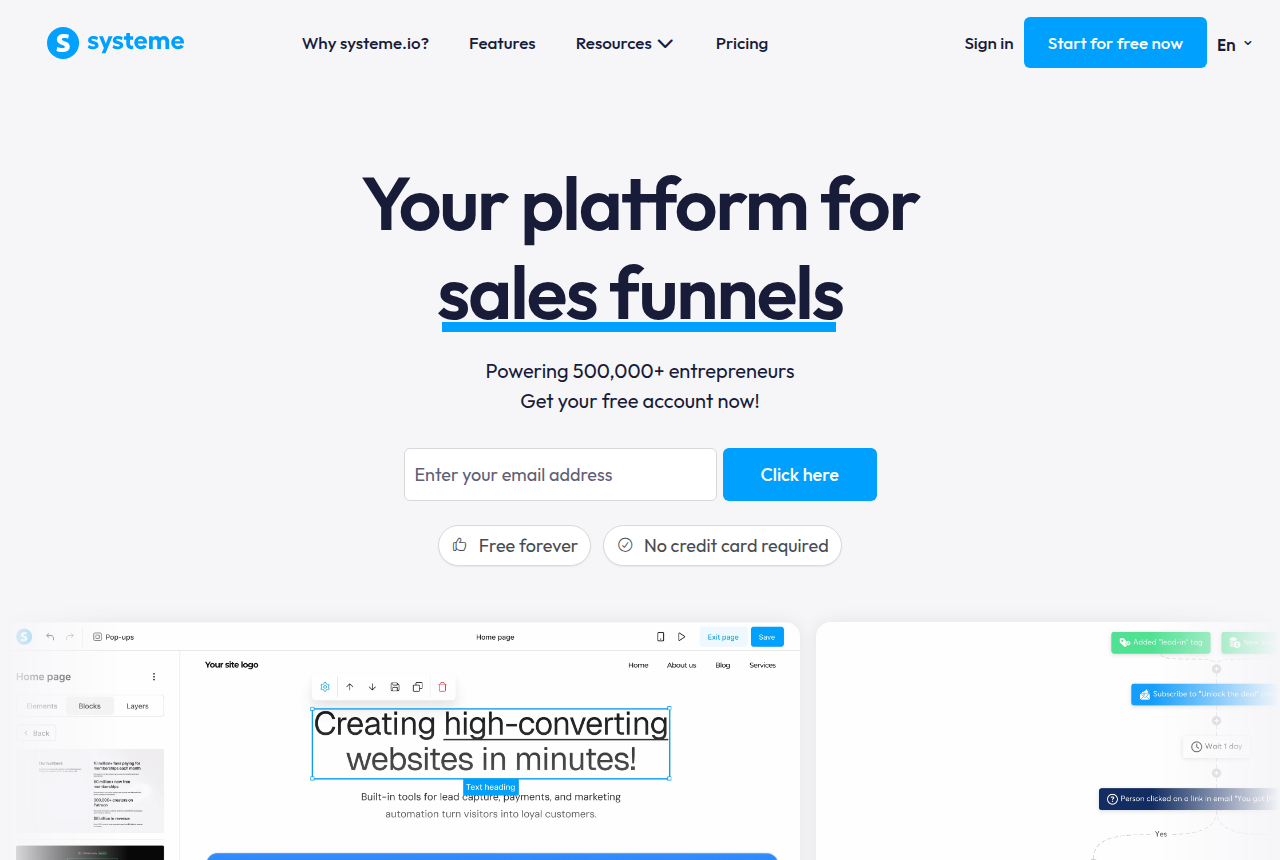 The Systeme.io homepage, headlined 'Your platform for sales funnels, email marketing, online courses', with a Start for free now button and a note that no credit card is required.